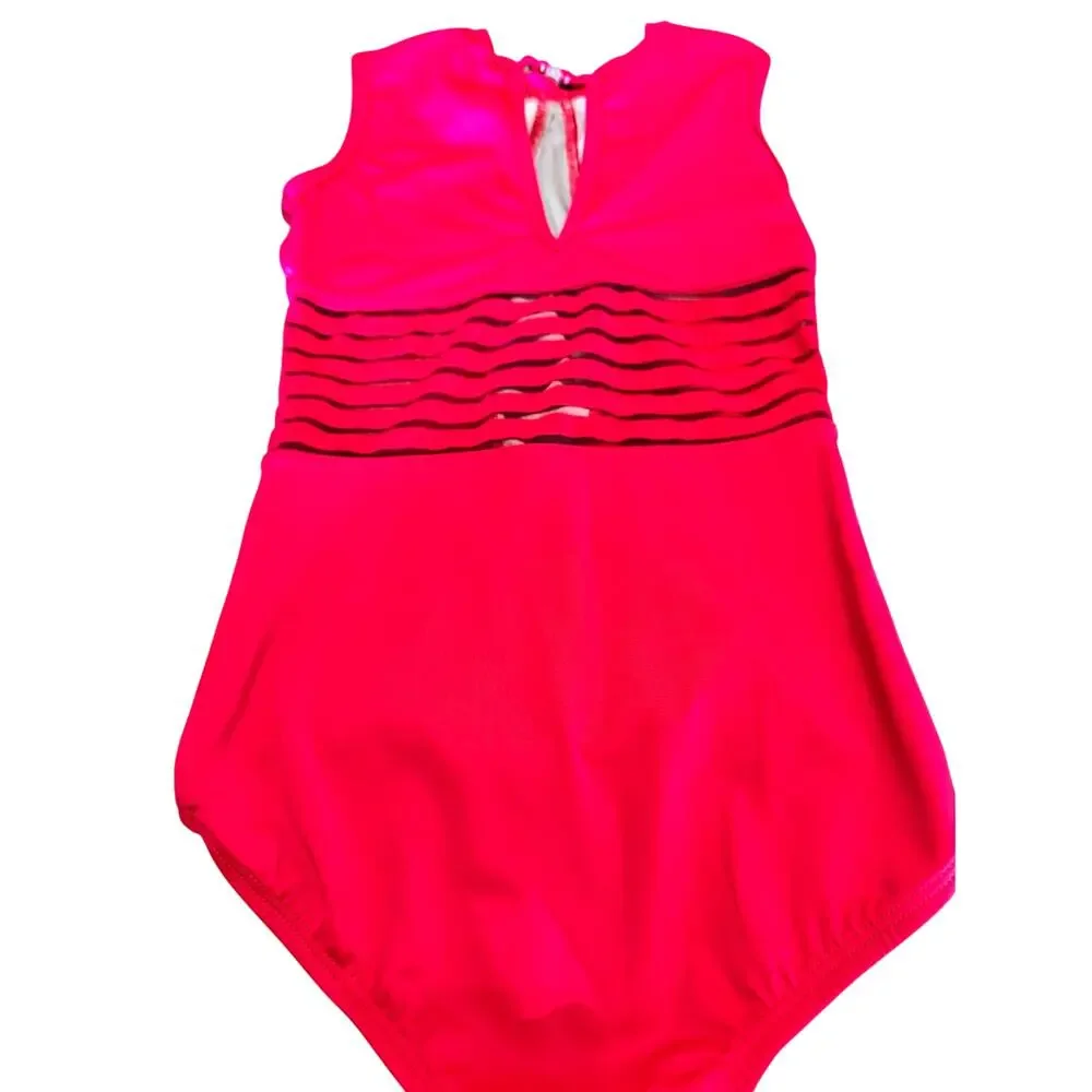 Kandi Kouture Bright Red Mesh Dance Leotard Child XL CXL 10/12